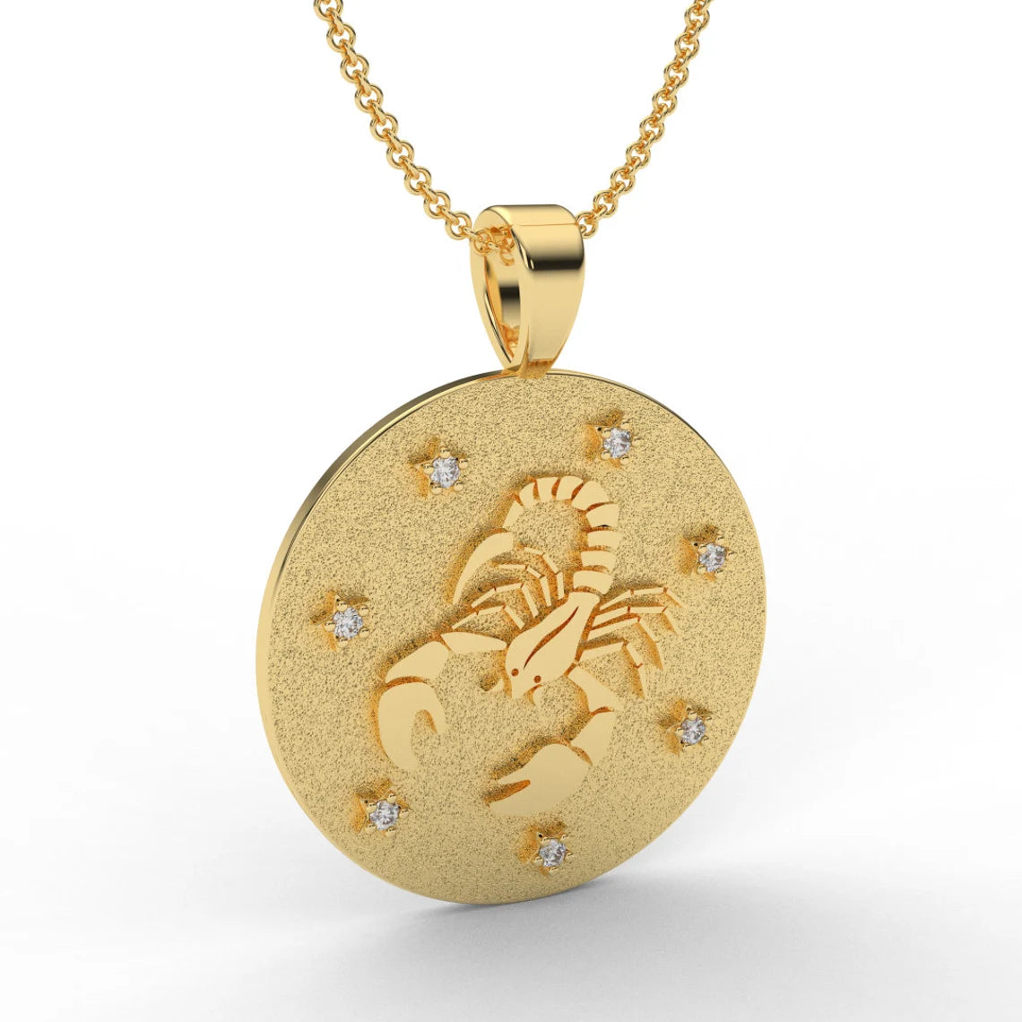 SCORPIO Zodiac Coin Necklace/ Scorpio Horoscope Medallion/ Unique 2-sided Scorpio Constellation Disk Necklace with Diamond Stars/ 14K - 18K