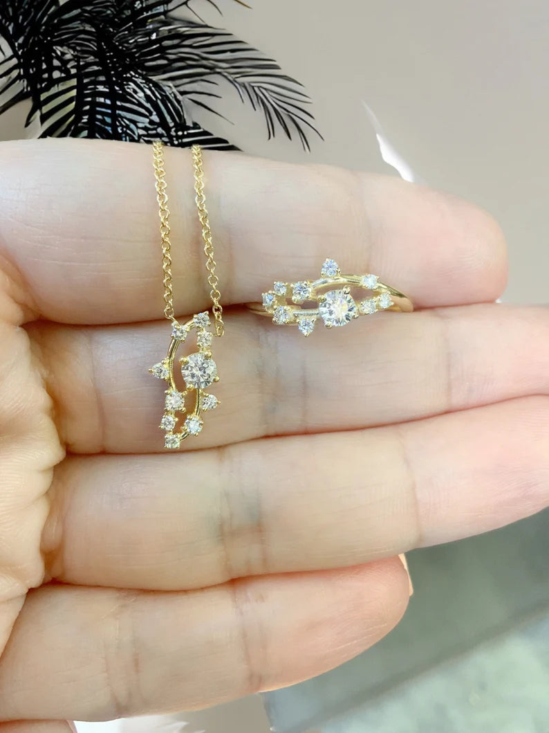 Scattered Diamond Ring/ Mix Size Diamond Cluster Ring/ Nature Inspired Floral Twig Ring/ Diamond Burst Ring/ Mother's Day Jewelry 14K or 18K