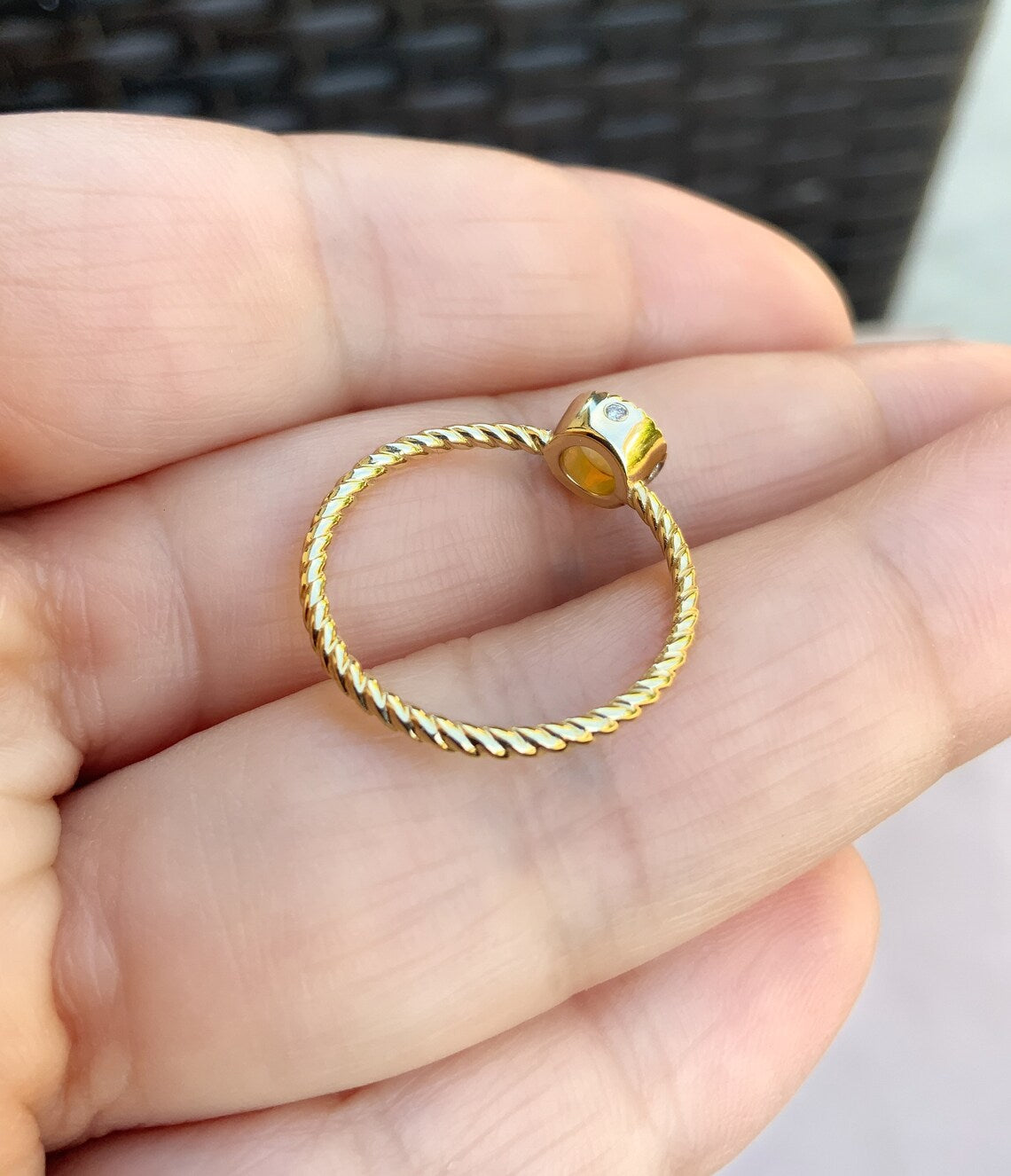 Opal Promise Ring/ 5mm Natural Opal in Milgrain Bezel with 4 Diamonds on Twisted Gold or Platinum Wire Band/ Opal Engagement Solitaire Ring