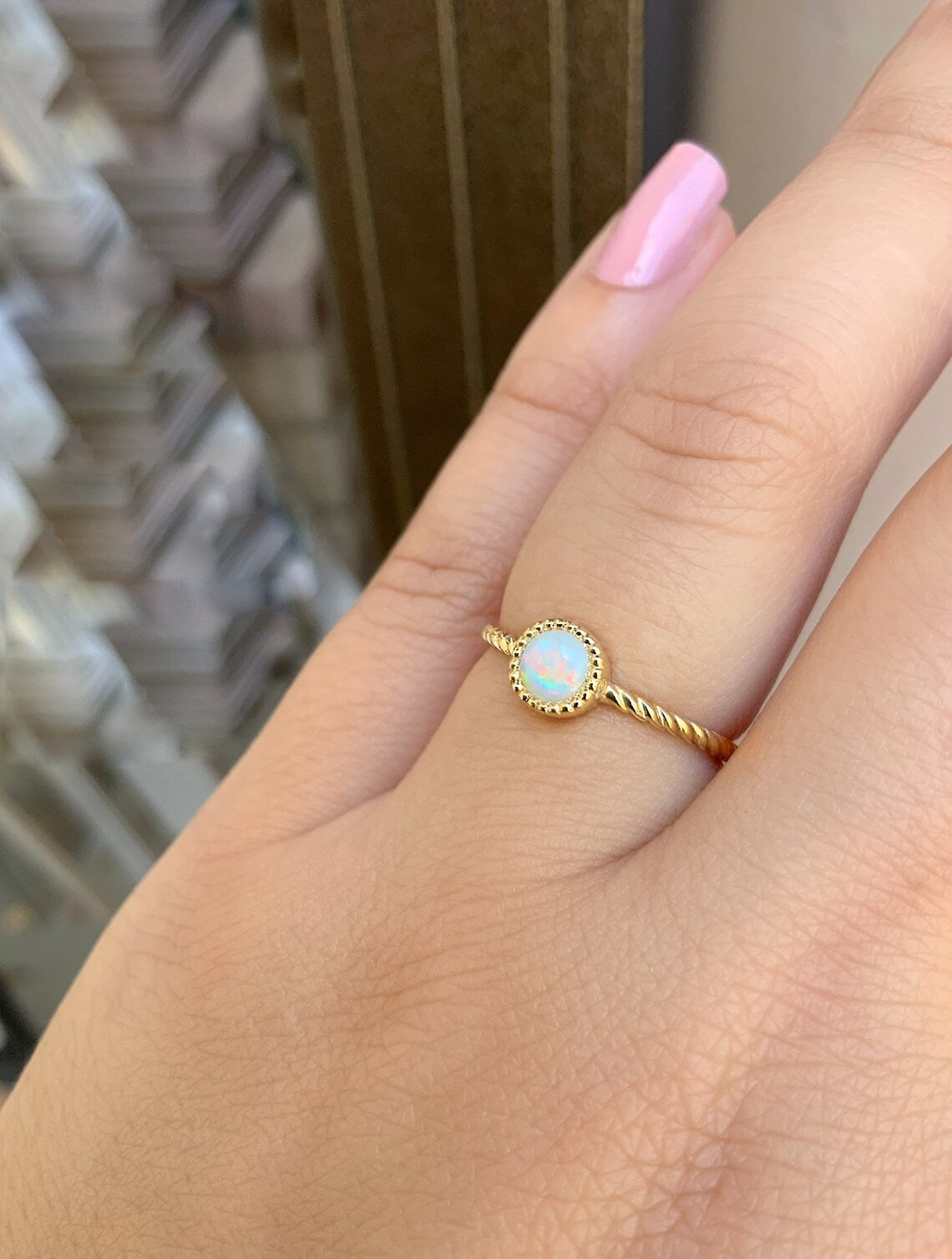 Opal Promise Ring/ 5mm Natural Opal in Milgrain Bezel with 4 Diamonds on Twisted Gold or Platinum Wire Band/ Opal Engagement Solitaire Ring
