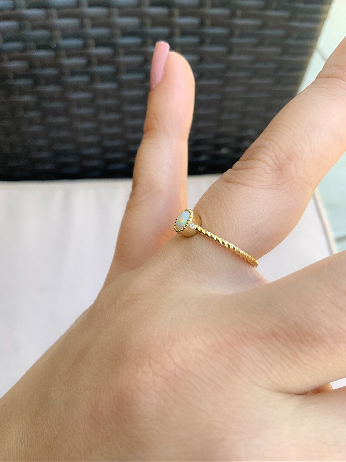 Opal Promise Ring/ 5mm Natural Opal in Milgrain Bezel with 4 Diamonds on Twisted Gold or Platinum Wire Band/ Opal Engagement Solitaire Ring