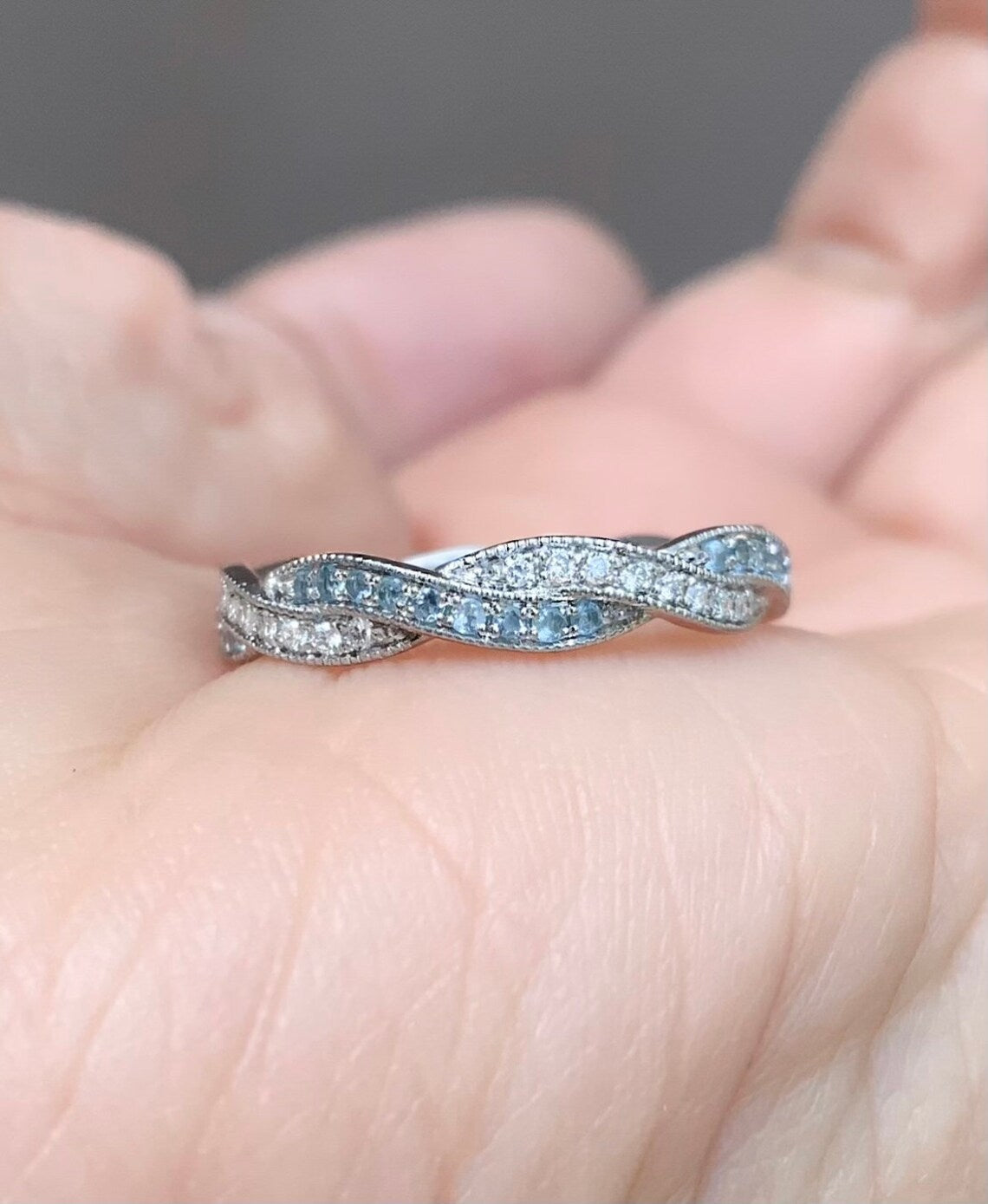 Twisted Diamond Aquamarine Ring/ 3.6mm Milgrain Pave Full Eternity Twist Ring/ Diamond Aquamarine Intertwined Wedding Band/ Gold or Platinum