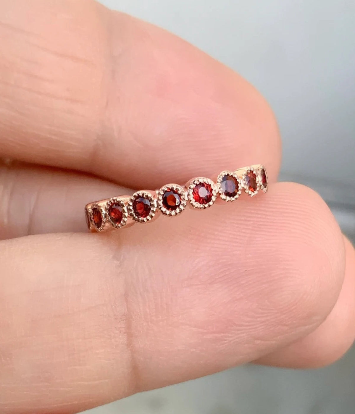 Solid Gold Garnet Stacking Ring - 3mm Milgrain Bezel Half Eternity Band (January Birthstone)