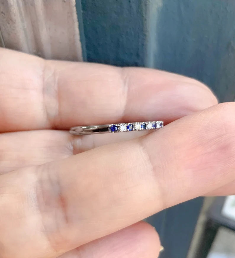 Diamond Blue Sapphire Pave Band/ 1.5mm Half Eternity Alternating Sapphire Diamond Stack Ring/ 2 Birthstone Anniversary Ring/ Mother Day Gift