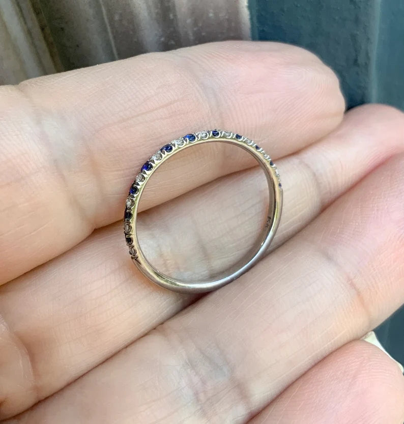 Diamond Blue Sapphire Pave Band/ 1.5mm Half Eternity Alternating Sapphire Diamond Stack Ring/ 2 Birthstone Anniversary Ring/ Mother Day Gift