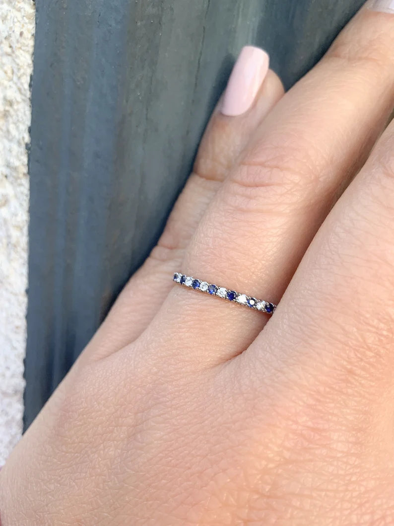 Diamond Blue Sapphire Pave Band/ 1.5mm Half Eternity Alternating Sapphire Diamond Stack Ring/ 2 Birthstone Anniversary Ring/ Mother Day Gift
