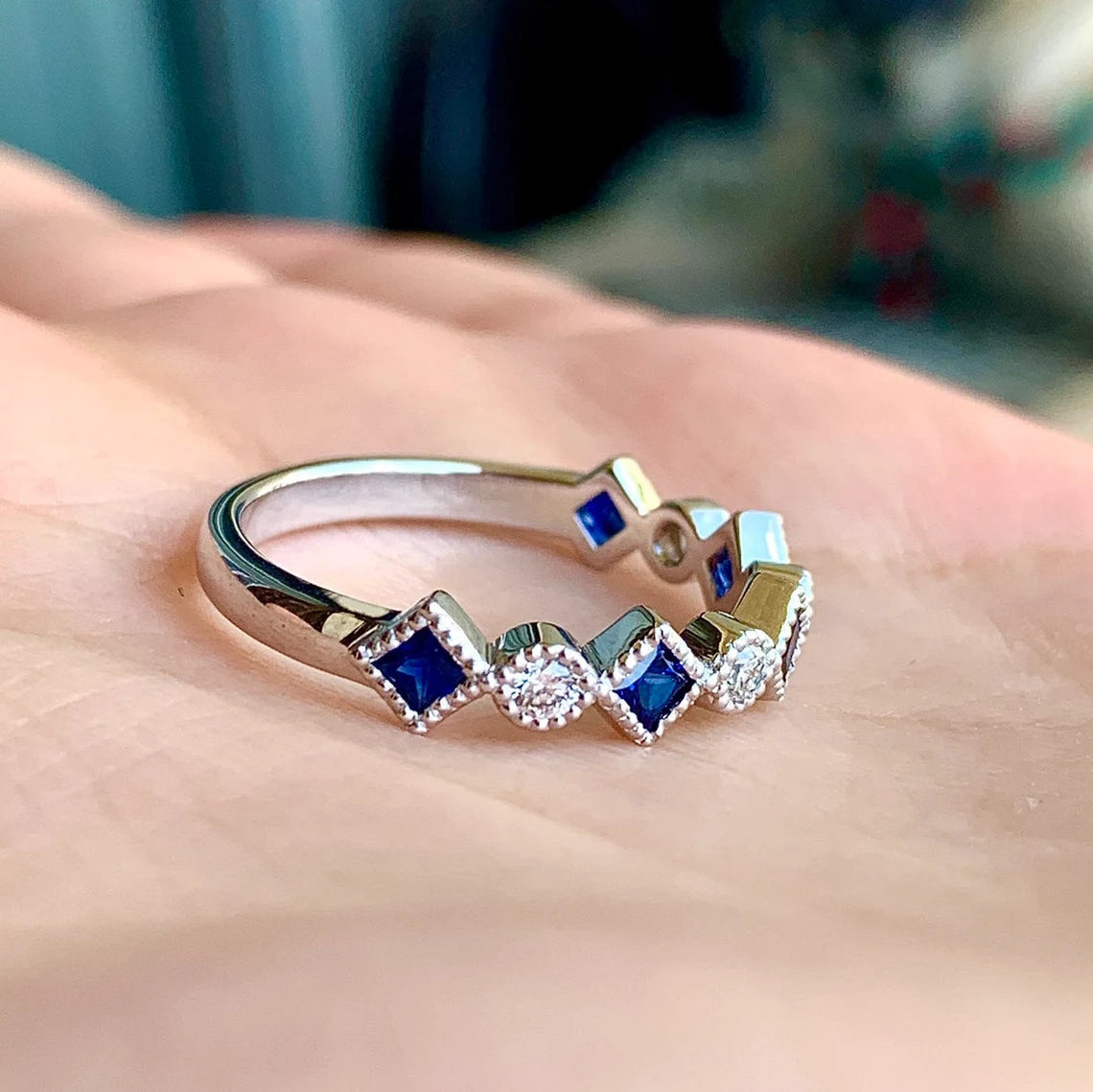 3mm Wedding Band Round Diamond Bezel Princess Cut Blue Sapphire Half Eternity Anniversary Band Milgrain Vintage Look Right Hand Fashion Ring