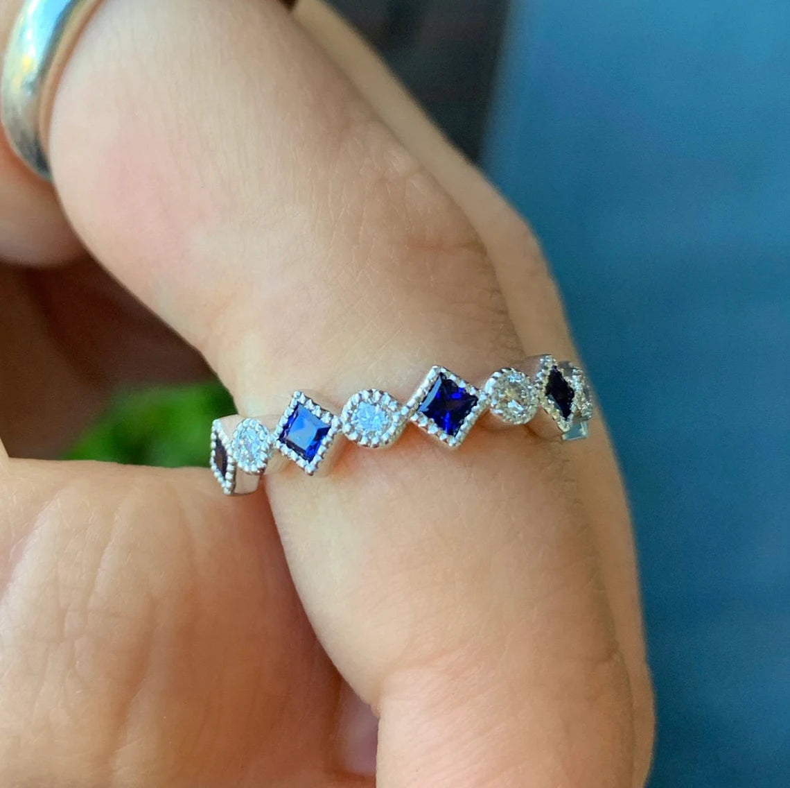 3mm Wedding Band Round Diamond Bezel Princess Cut Blue Sapphire Half Eternity Anniversary Band Milgrain Vintage Look Right Hand Fashion Ring