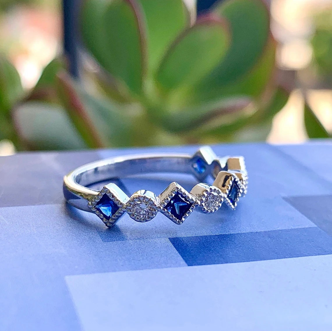3mm Wedding Band Round Diamond Bezel Princess Cut Blue Sapphire Half Eternity Anniversary Band Milgrain Vintage Look Right Hand Fashion Ring