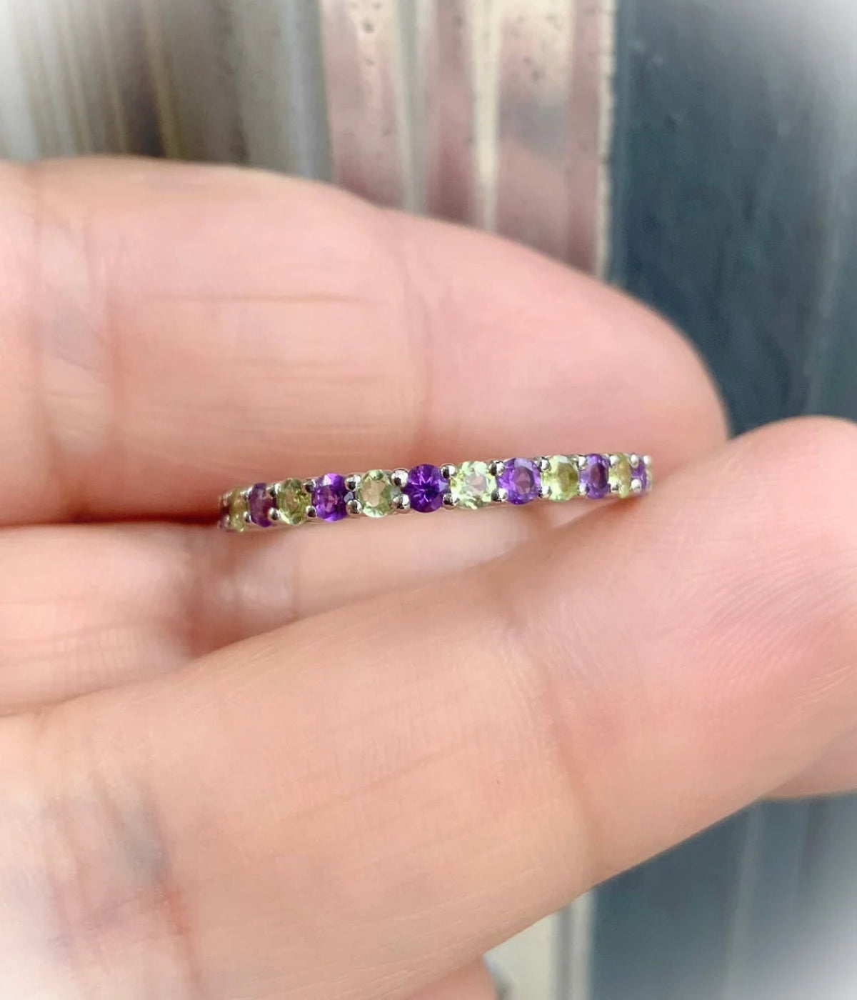 Amethyst Peridot Half Eternity Band/ 2mm Alternating Peridot Amethyst Shared Prong Wedding Band/ February August 2 Birthstone Stacking Ring