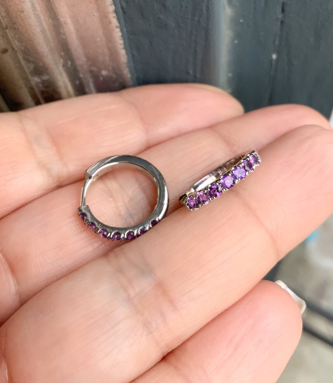 Amethyst Hoop Earring/ 2.3mm Pave Amethyst Huggie/ 15mm Amethyst Birthstone Hoop SINGLE or PAIR/ Gemstone Round Earring/ Gold or Platinum