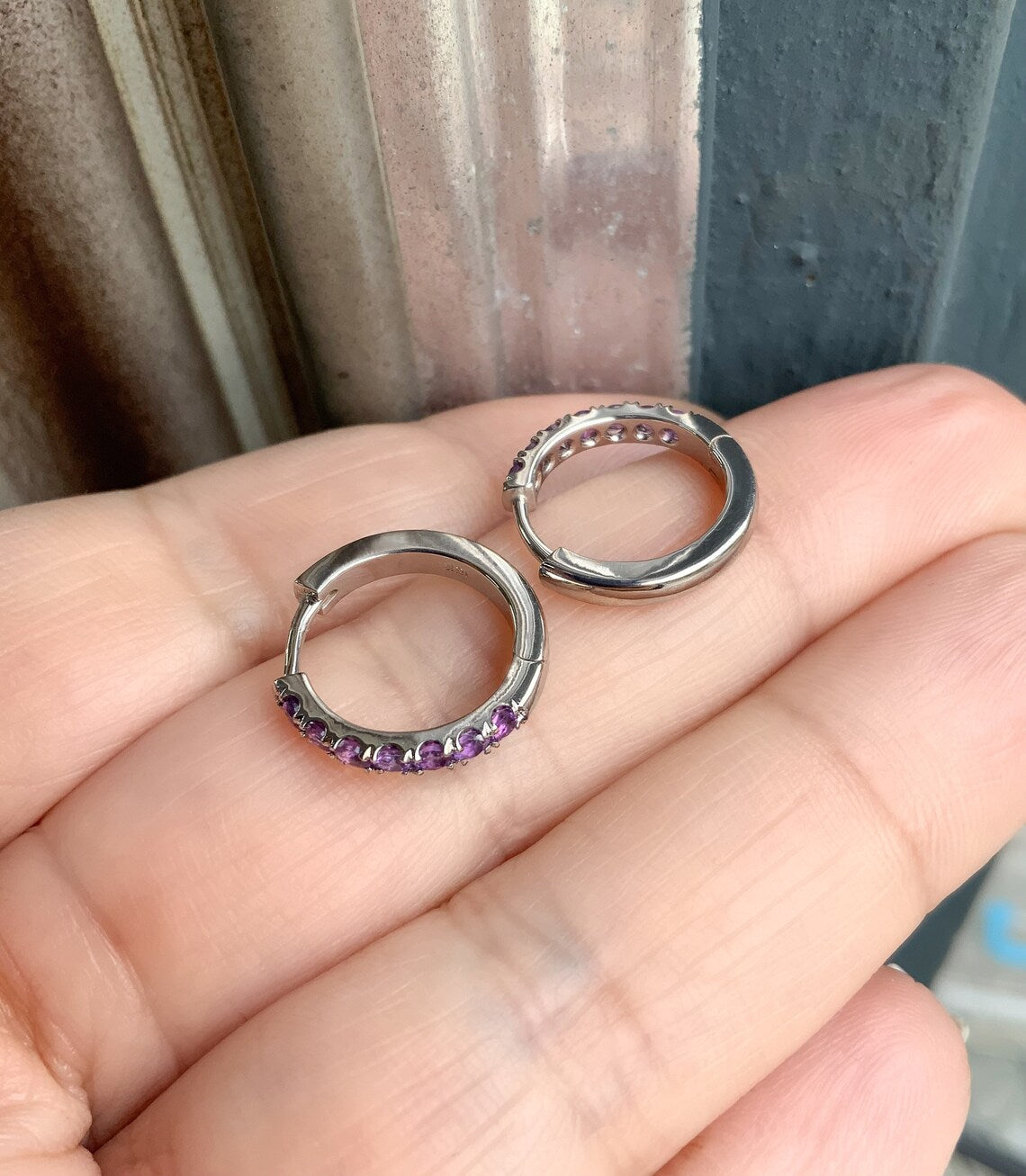 Amethyst Hoop Earring/ 2.3mm Pave Amethyst Huggie/ 15mm Amethyst Birthstone Hoop SINGLE or PAIR/ Gemstone Round Earring/ Gold or Platinum