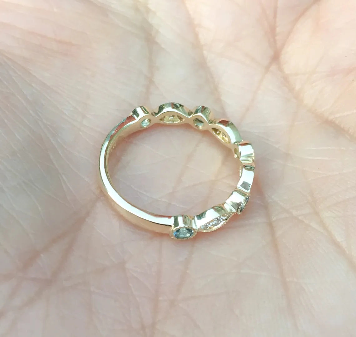 Marquise Dot Diamond Aquamarine Milgrain 3 MM Ring/ Vintage Look Aquamarine Diamond Women's Wedding Band/ Scalloped Stack/ 14K 18K Platinum