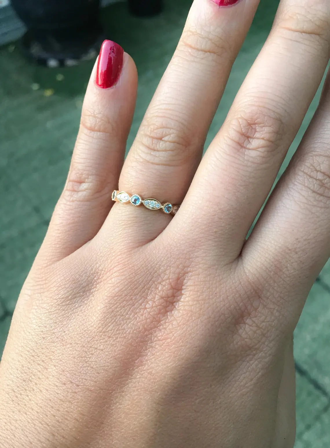 Marquise Dot Diamond Aquamarine Milgrain 3 MM Ring/ Vintage Look Aquamarine Diamond Women's Wedding Band/ Scalloped Stack/ 14K 18K Platinum