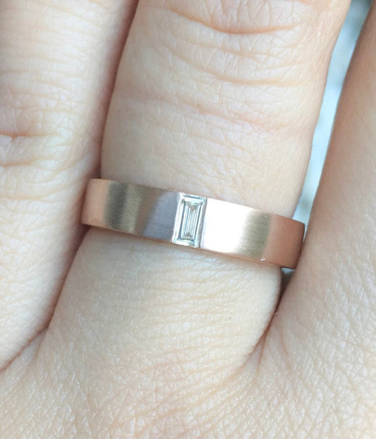 Baguette Diamond Men's Wedding Band - Matte Finish with Polished Beveled Edges, 10K 14K 18K Platinum