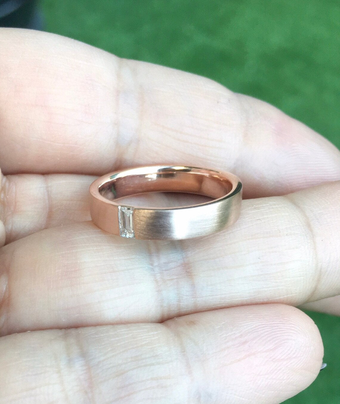 Baguette Diamond Men's Wedding Band/ Unisex Natural Diamond 4mm Band/ Unique Matte Finished Flush Set Ring/ His & Hers/ 10K 14K 18K Platinum