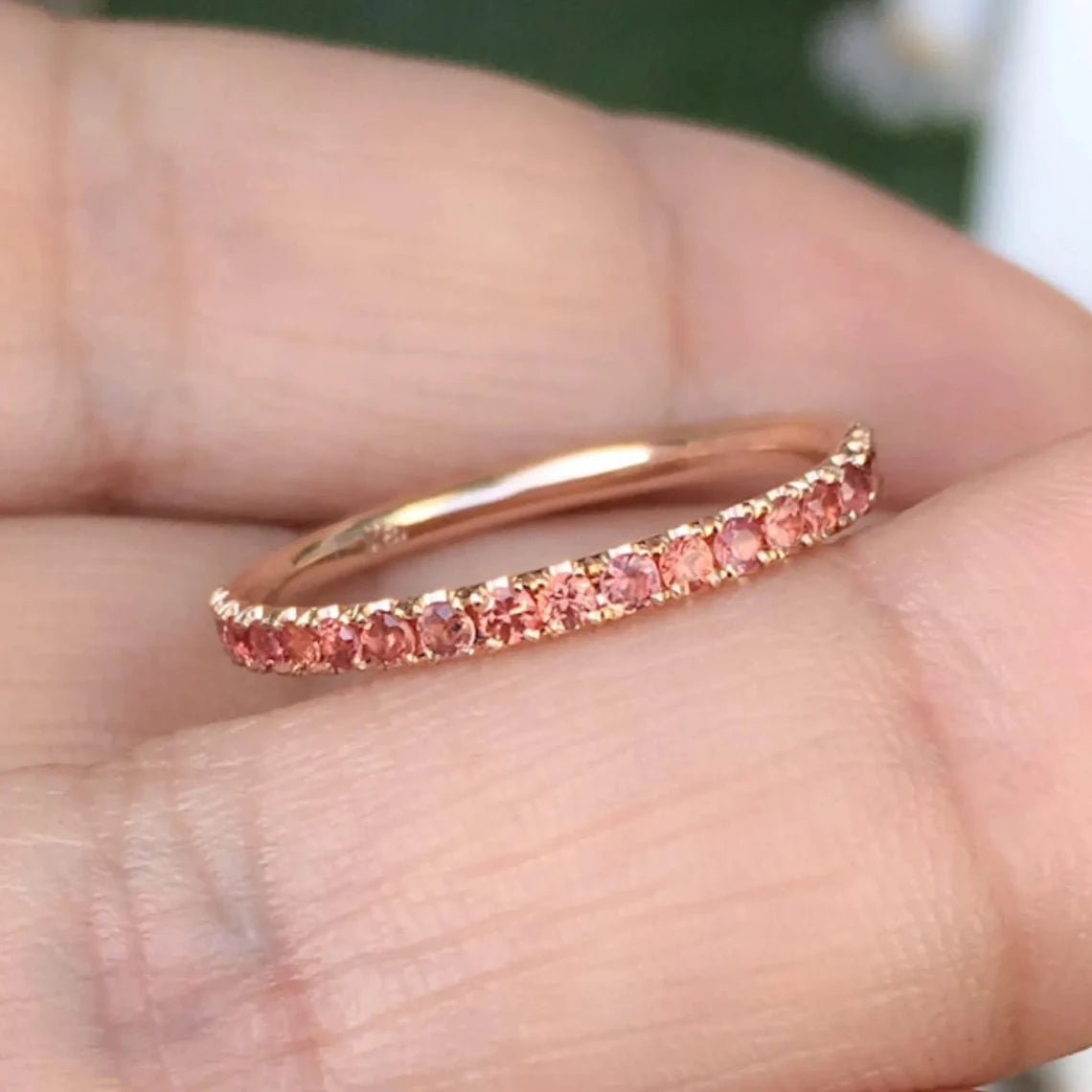 Padparadscha Half Eternity Ring | Pavé Wedding Band | 2mm Stacking September Birthstone Ring | Gold-Platinum
