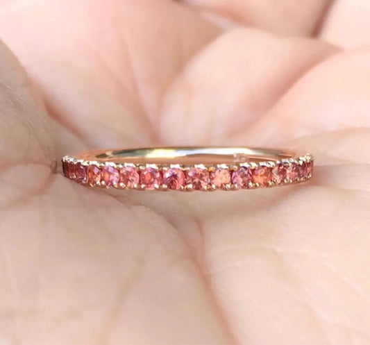 Padparadscha Half Eternity Ring | Pavé Wedding Band | 2mm Stacking September Birthstone Ring | Gold-Platinum