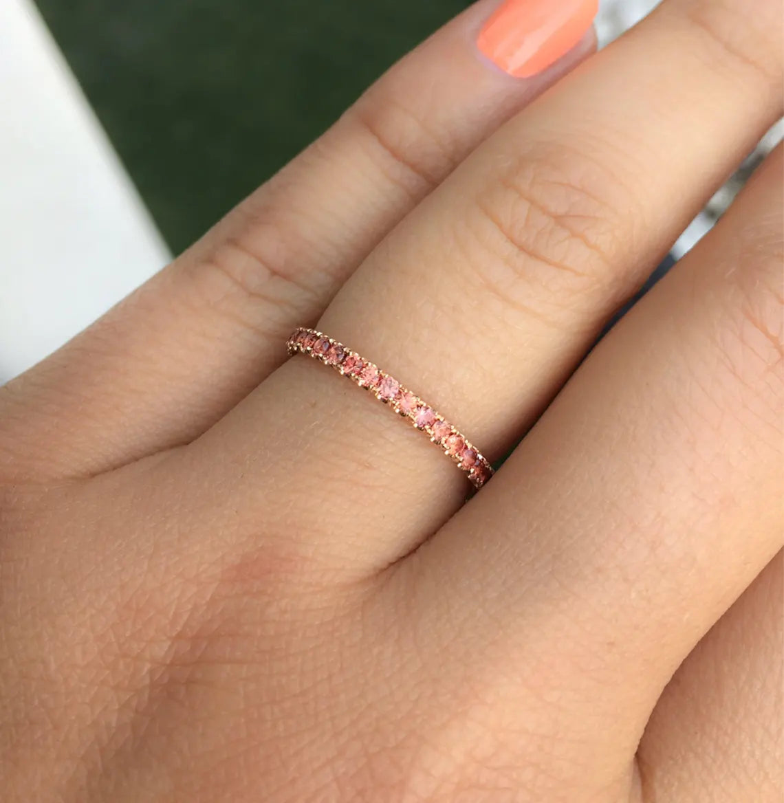 Padparadscha Half Eternity Ring | Pavé Wedding Band | 2mm Stacking September Birthstone Ring | Gold-Platinum