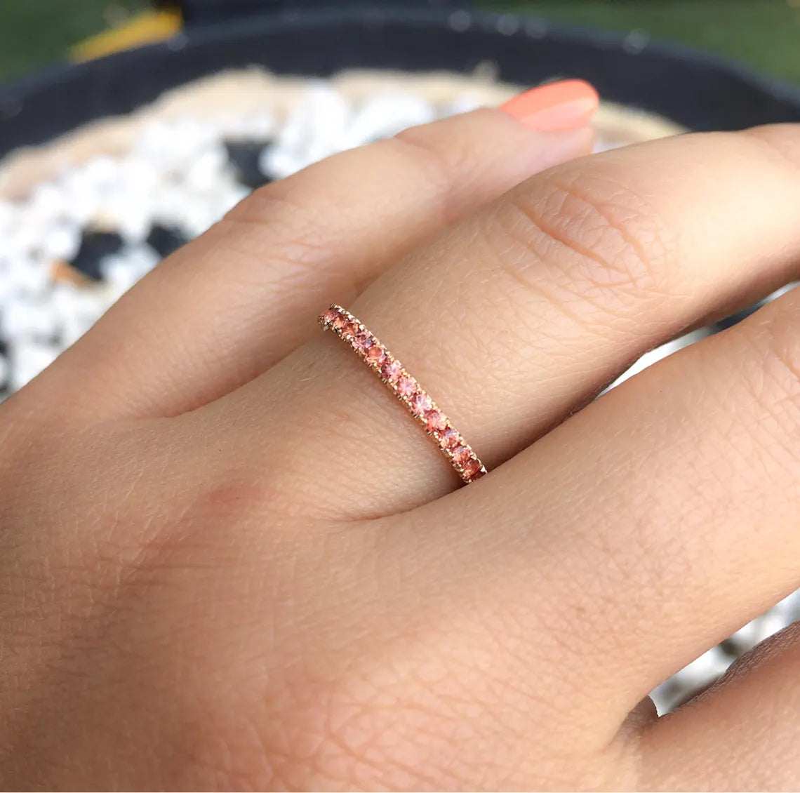 Padparadscha Half Eternity Ring | Pavé Wedding Band | 2mm Stacking September Birthstone Ring | Gold-Platinum