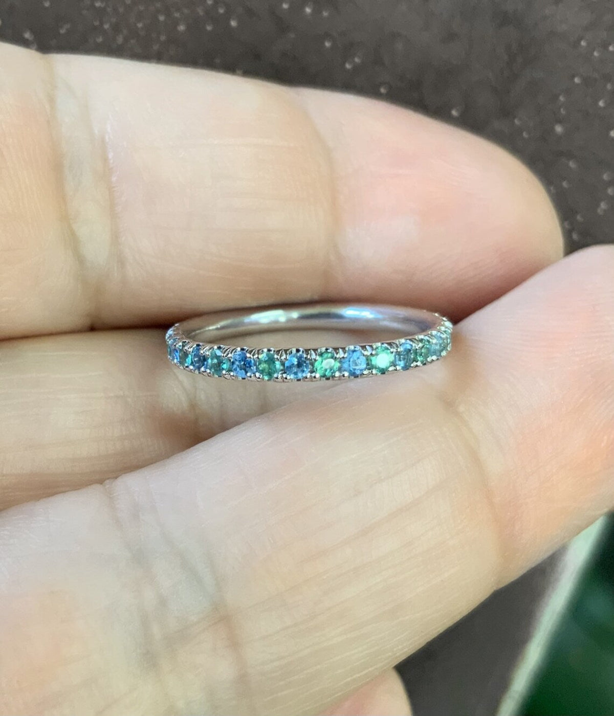 Alexandrite Aquamarine Pave Ring/ 2mm Full Eternity Alternating Alexandrite Aquamarine Wedding Band/Two Birthstone Anniversary Stacking Ring